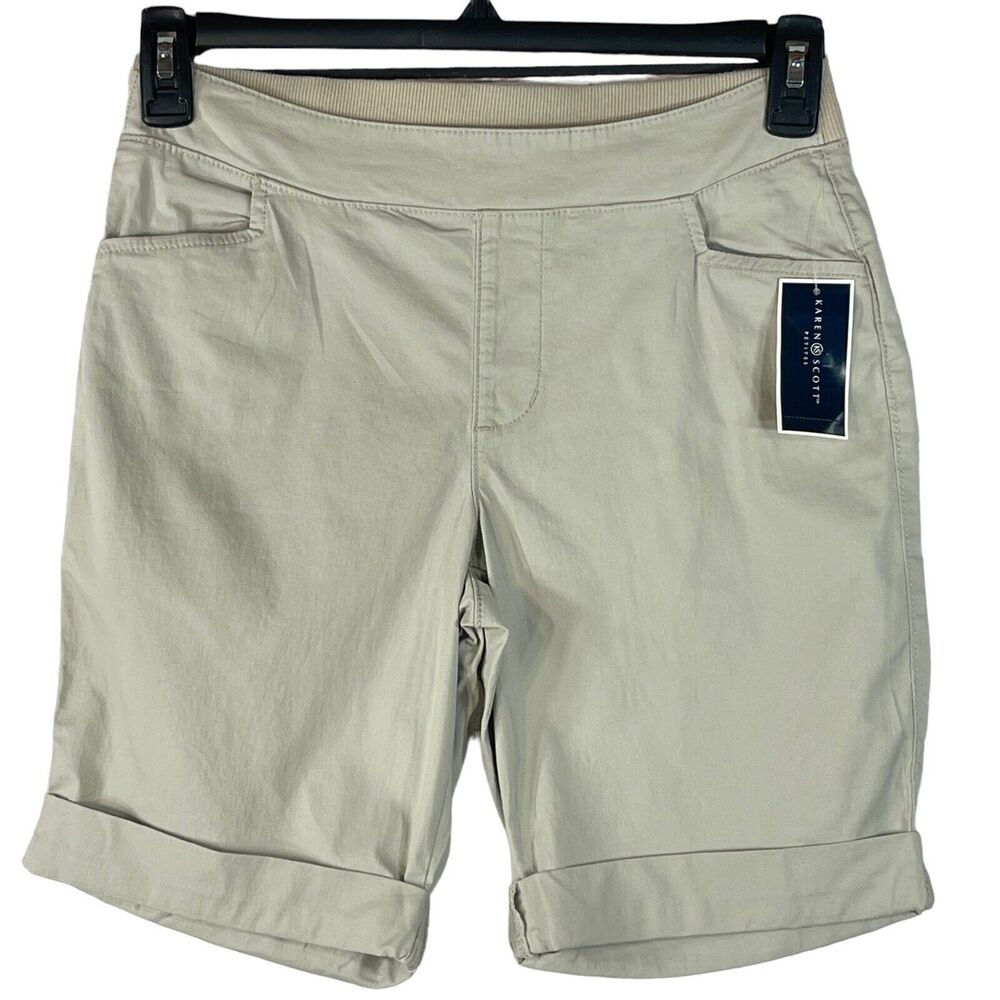 Karen Scott Petite Petite PP Pull-On Shorts Mid-Rise Pockets Elastic Waist Beige